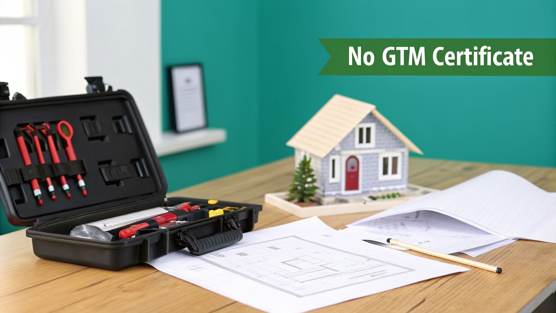 Architectural plans, construction tools, and a miniature house with a 'No GTM Certificate' banner.