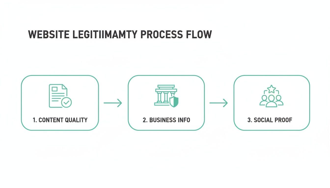 A flowchart detailing the three-step process for determining website legitimacy: content quality, business information, and social proof.