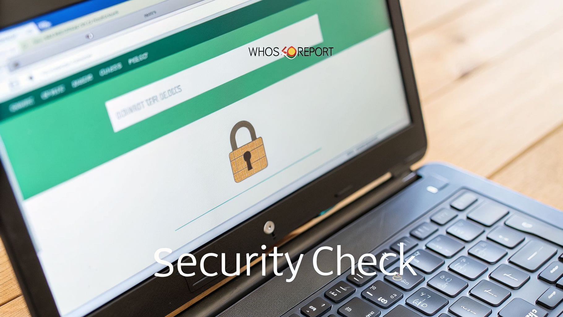 A laptop screen displays a security check page with a padlock icon and the WHOISREPORT logo.