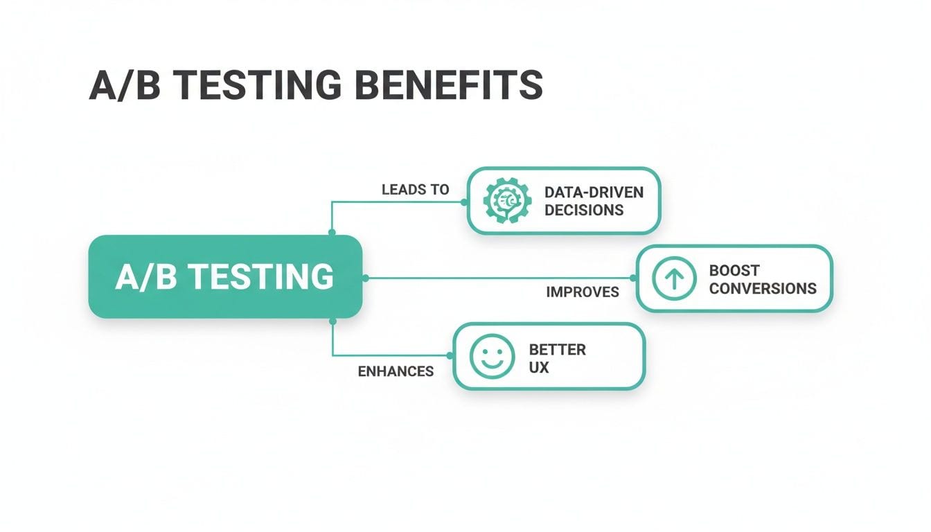 A flowchart illustrating the key benefits of A/B testing: data-driven decisions, boosted conversions, and better UX.
