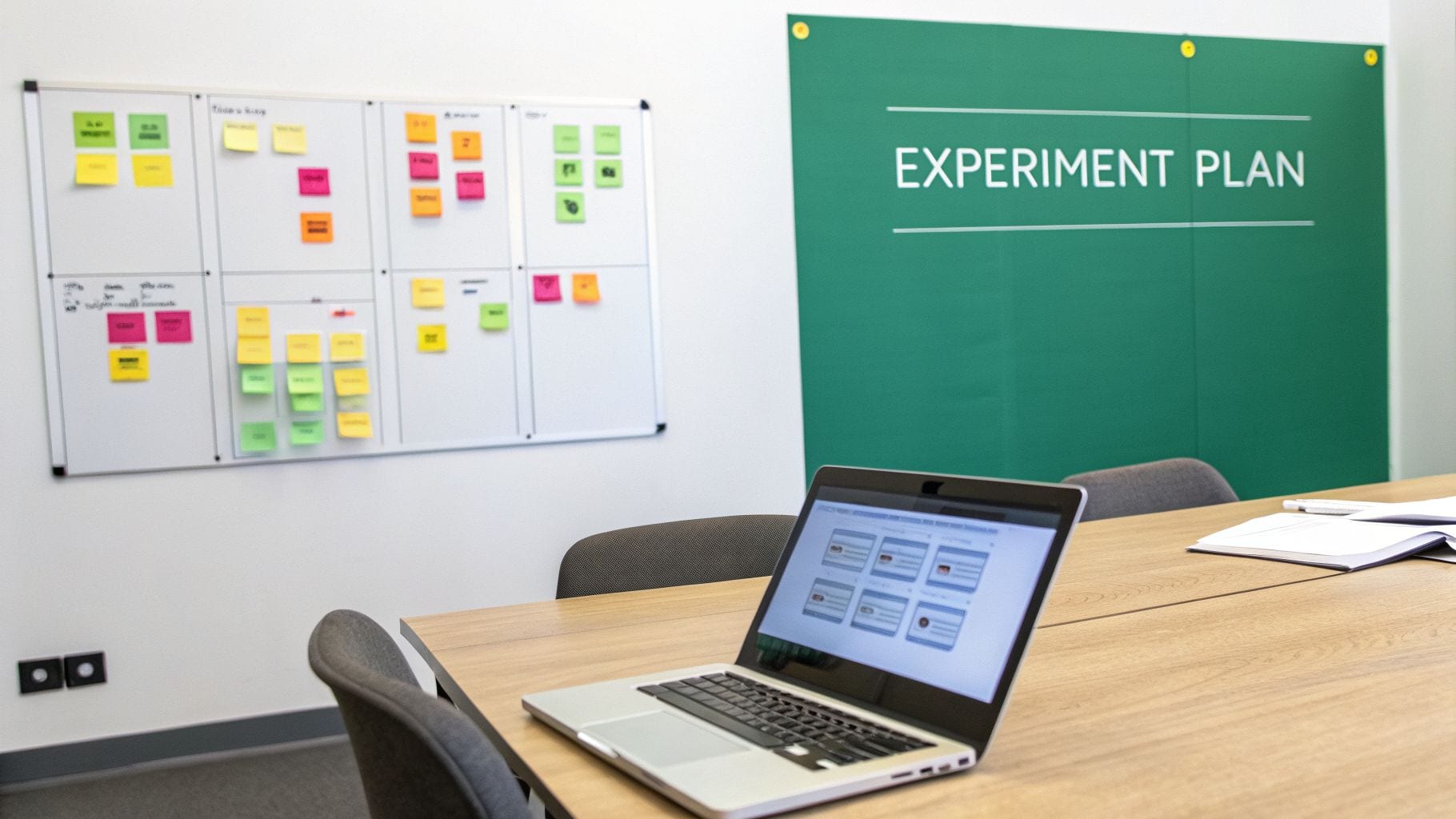 A modern office or meeting room with a whiteboard full of sticky notes, a green 'EXPERIMENT PLAN' board, and a laptop on a wooden table.