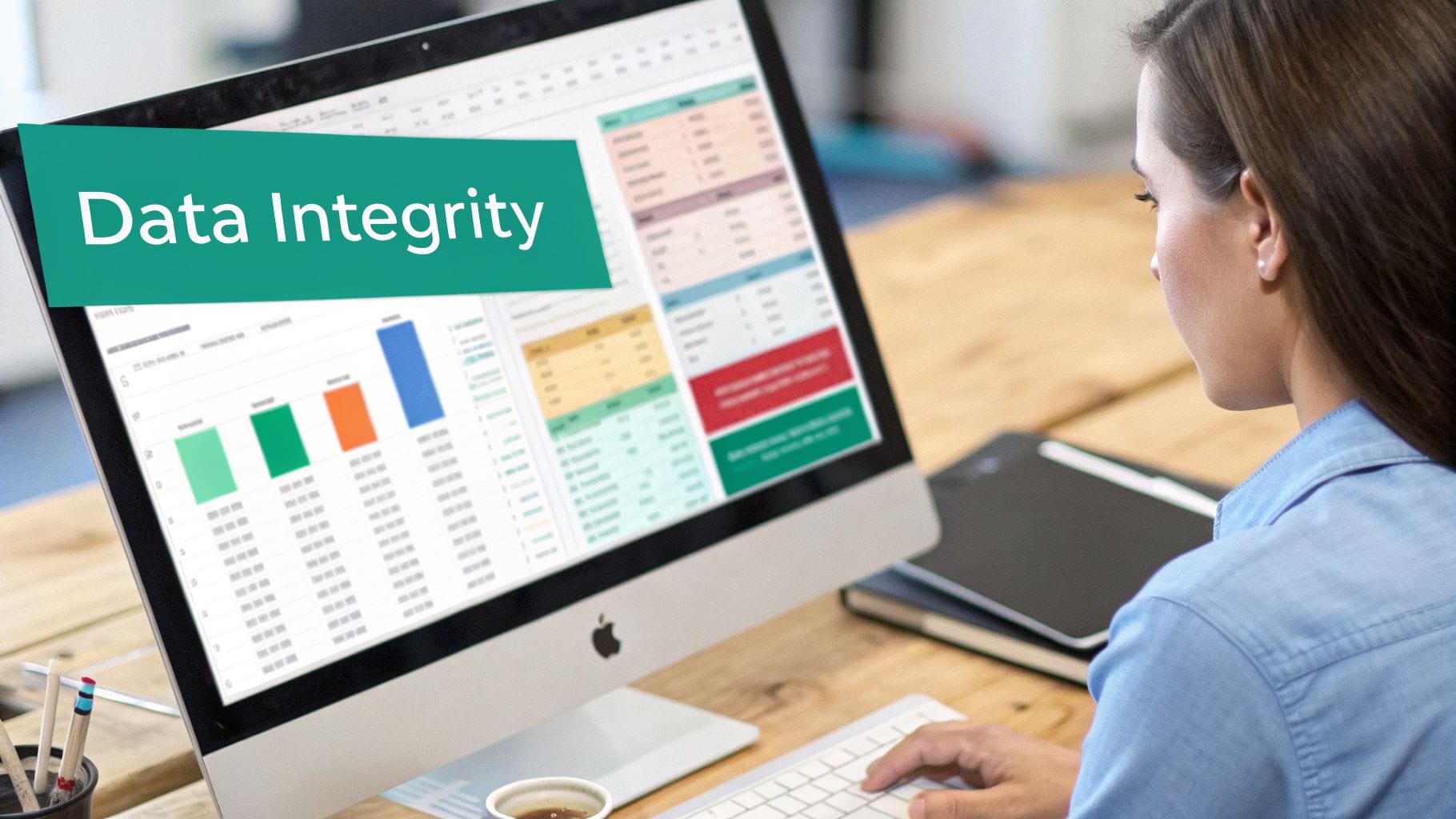 A woman reviews data integrity on an Apple iMac, displaying charts and spreadsheets.