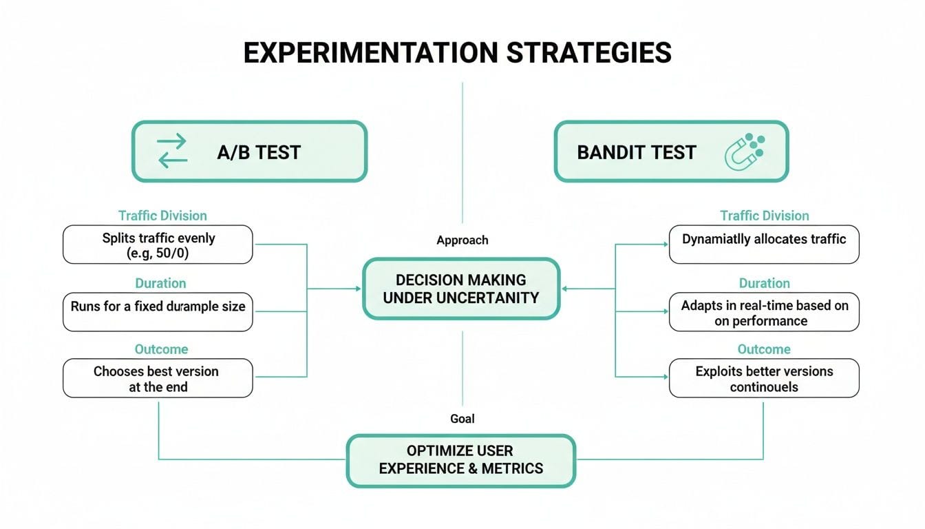 Flowchart comparing A/B testing and Bandit testing strategies for user experience optimization.