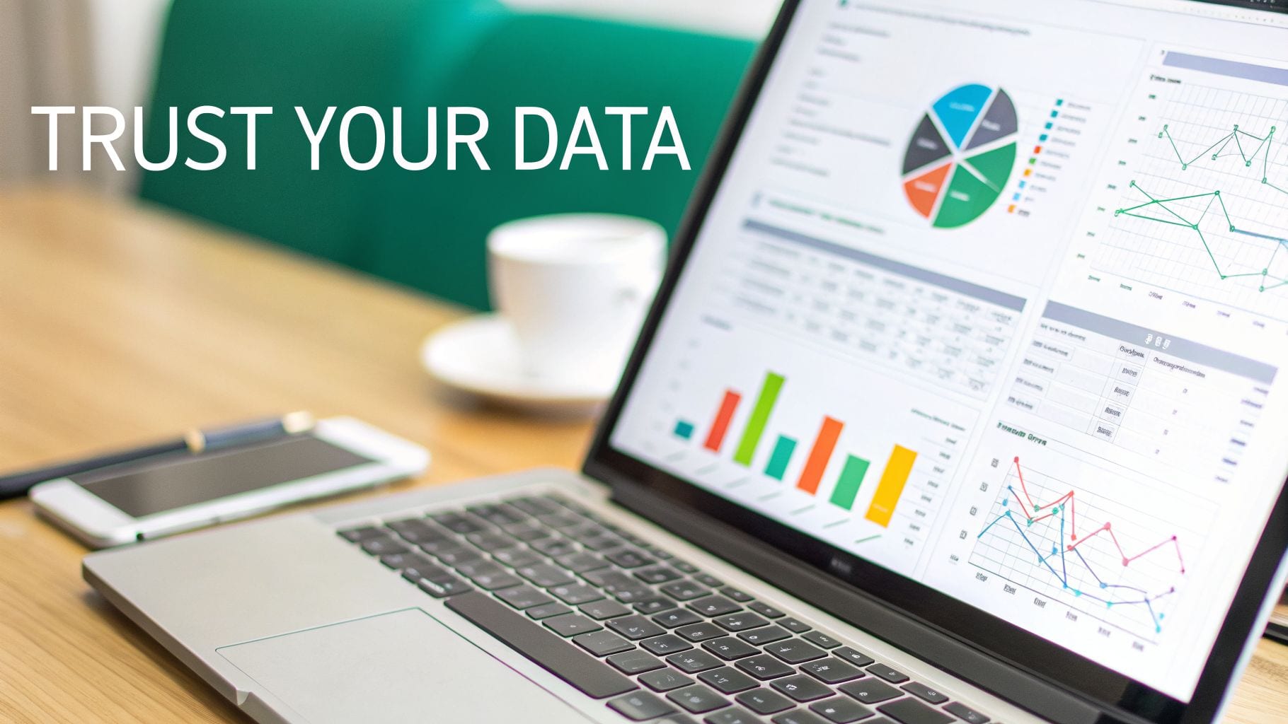 Laptop screen showing data charts and graphs with 'TRUST YOUR DATA' text, a phone and coffee cup.