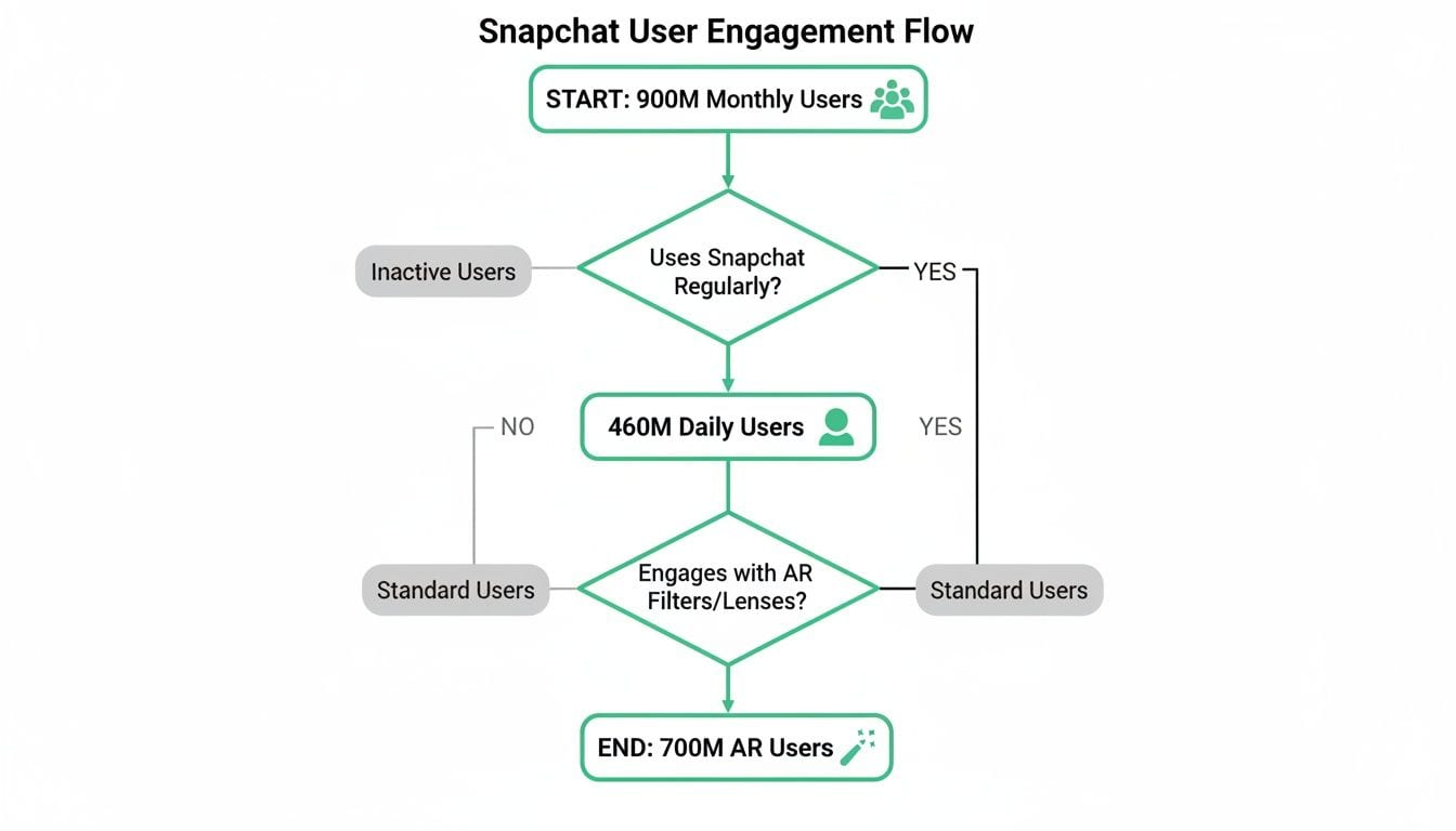 Flowchart illustrating Snapchat user engagement from 900M monthly users to 700M AR users.
