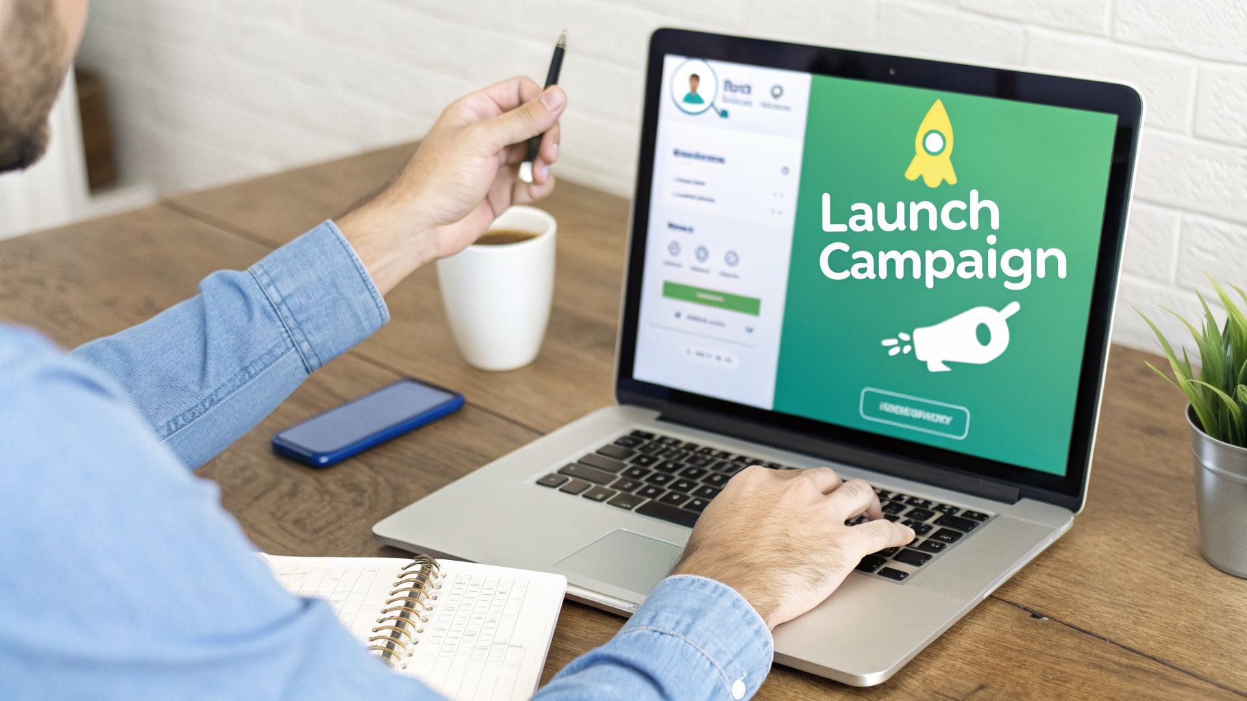A man works on a laptop displaying a "Launch Campaign" screen, with a pen, coffee, and notebook on the desk.