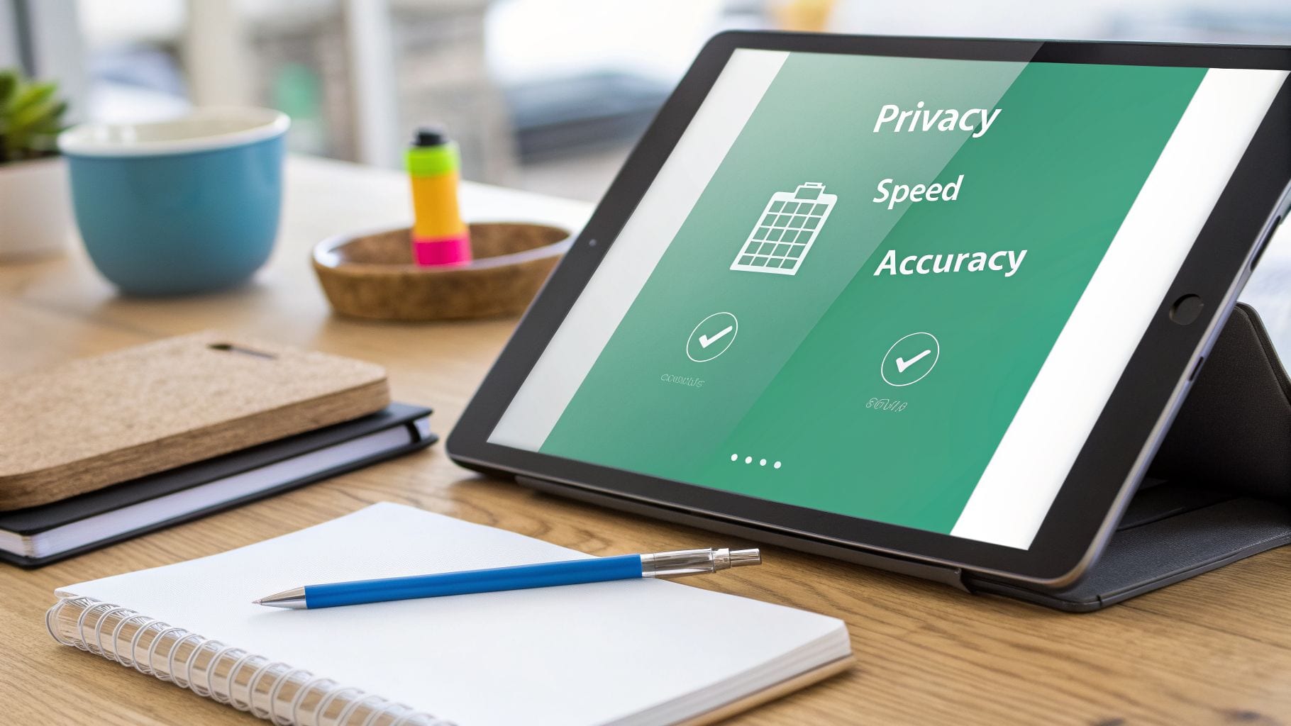 A tablet displaying privacy, speed, and accuracy on a desk with a notebook and pen.