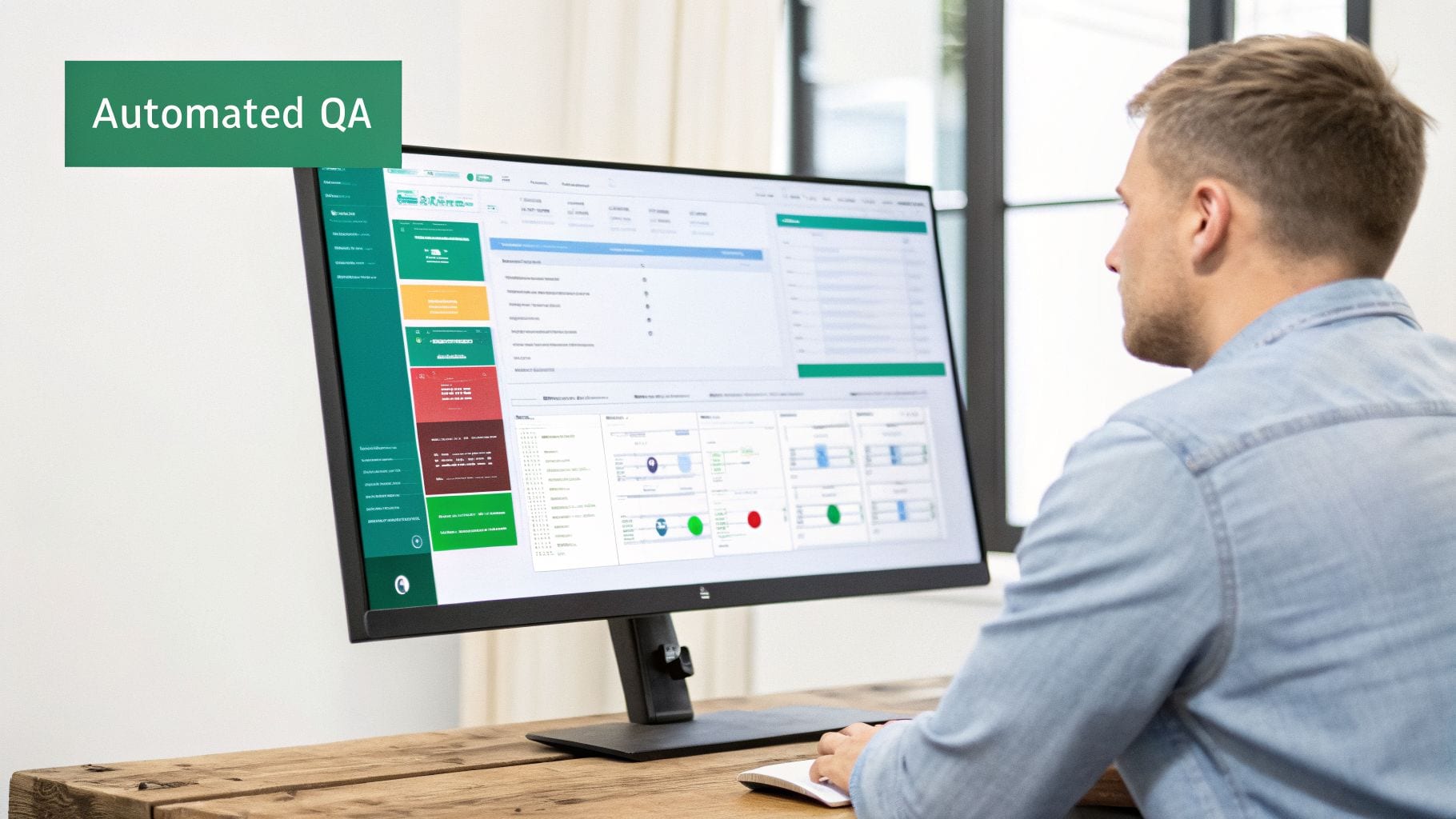 A man monitors a computer screen displaying an "Automated QA" software dashboard with charts and data.