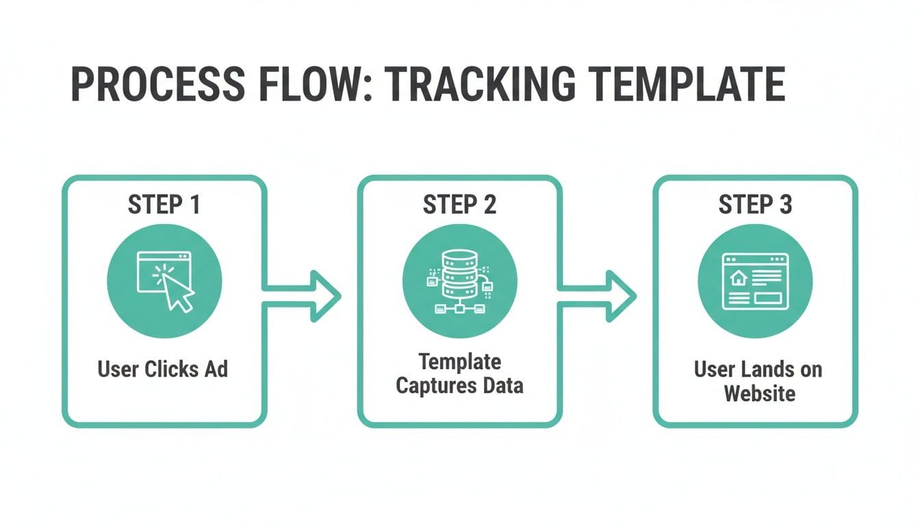 A three-step process flow illustrating a tracking template: user clicks ad, data is captured, user lands on website.