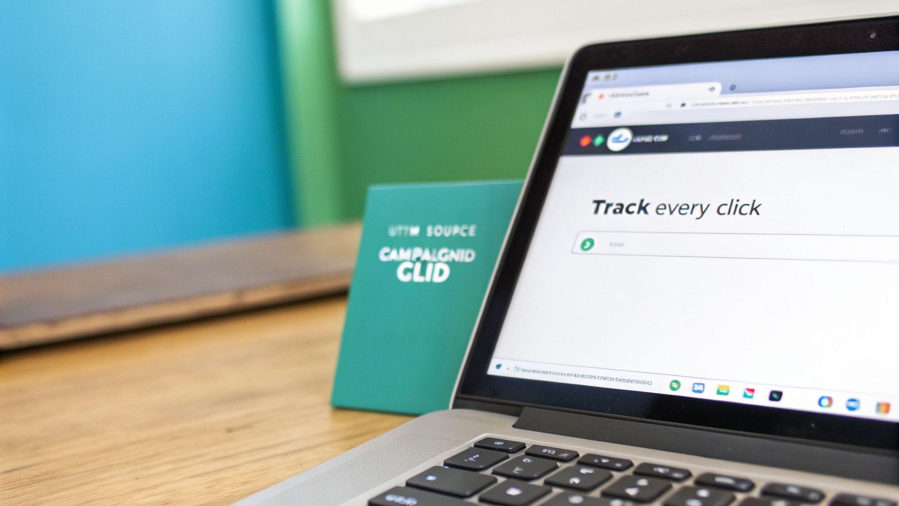 A laptop displaying a tracking page next to a card with UTM and Google Ads GLID parameters.
