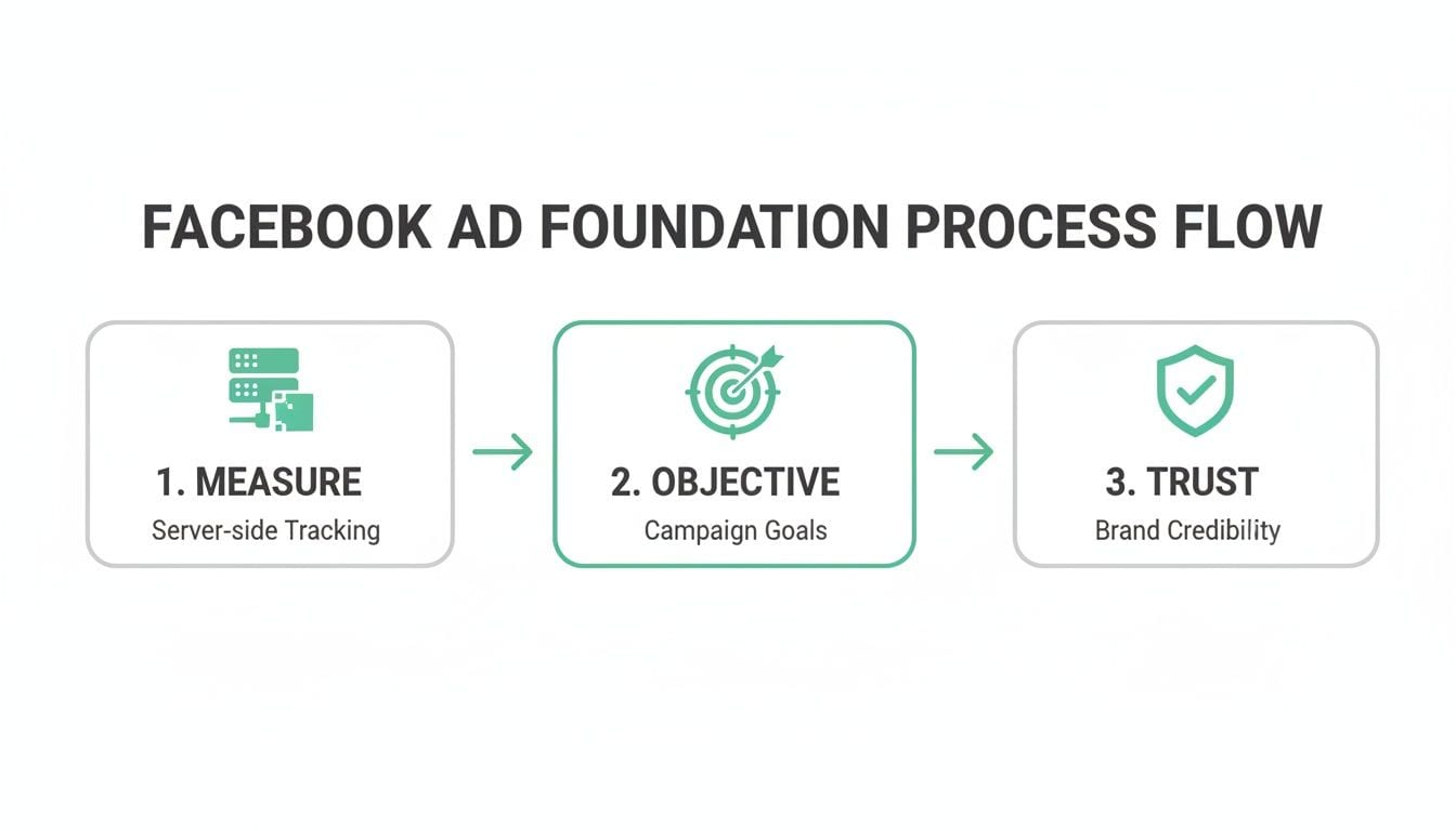 A diagram showing the Facebook Ad Foundation Process Flow with three steps: Measure, Objective, Trust.