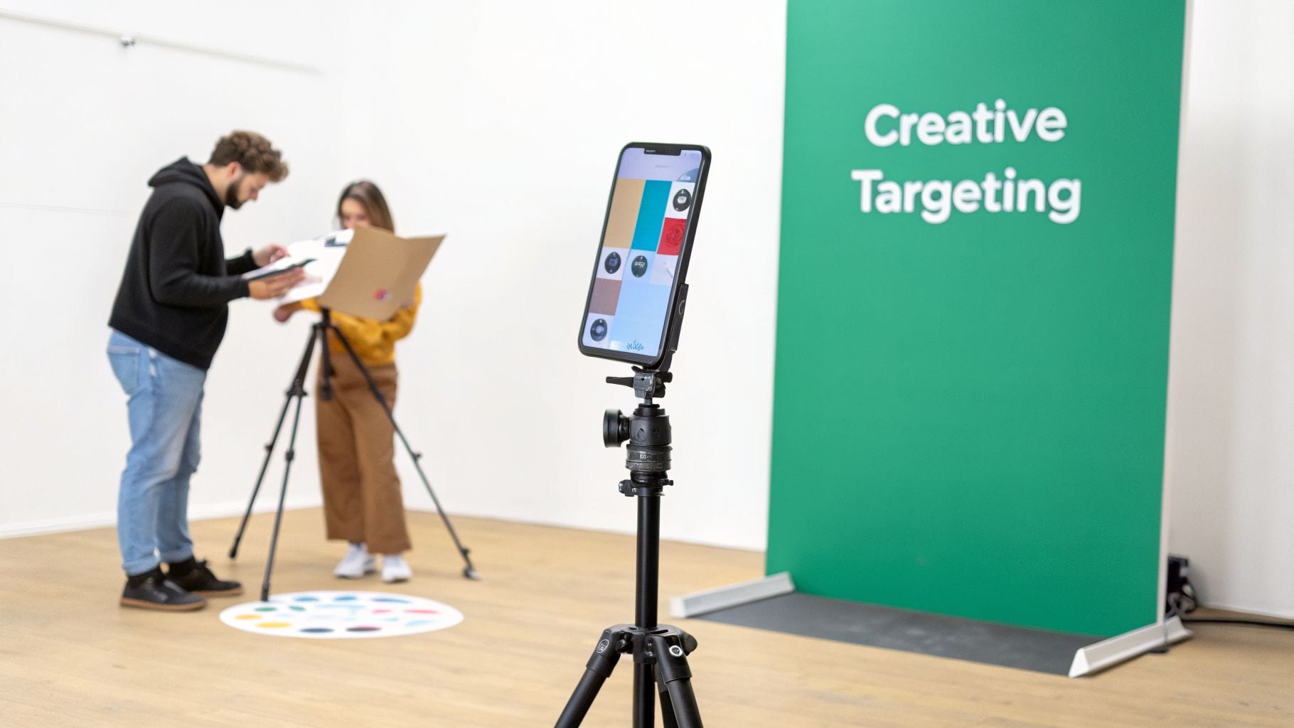 Two marketers analyze data for creative targeting with a smartphone app and a green banner.
