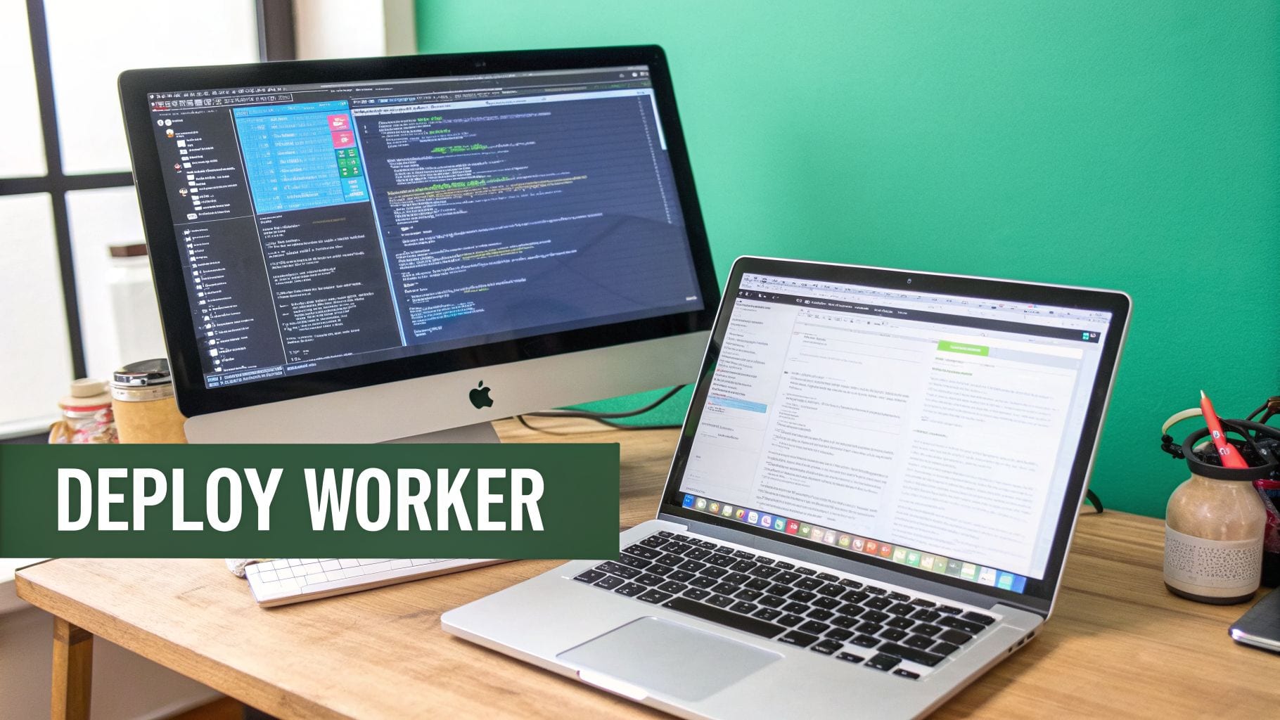 A modern tech workspace featuring an iMac with code and a MacBook displaying a webpage.