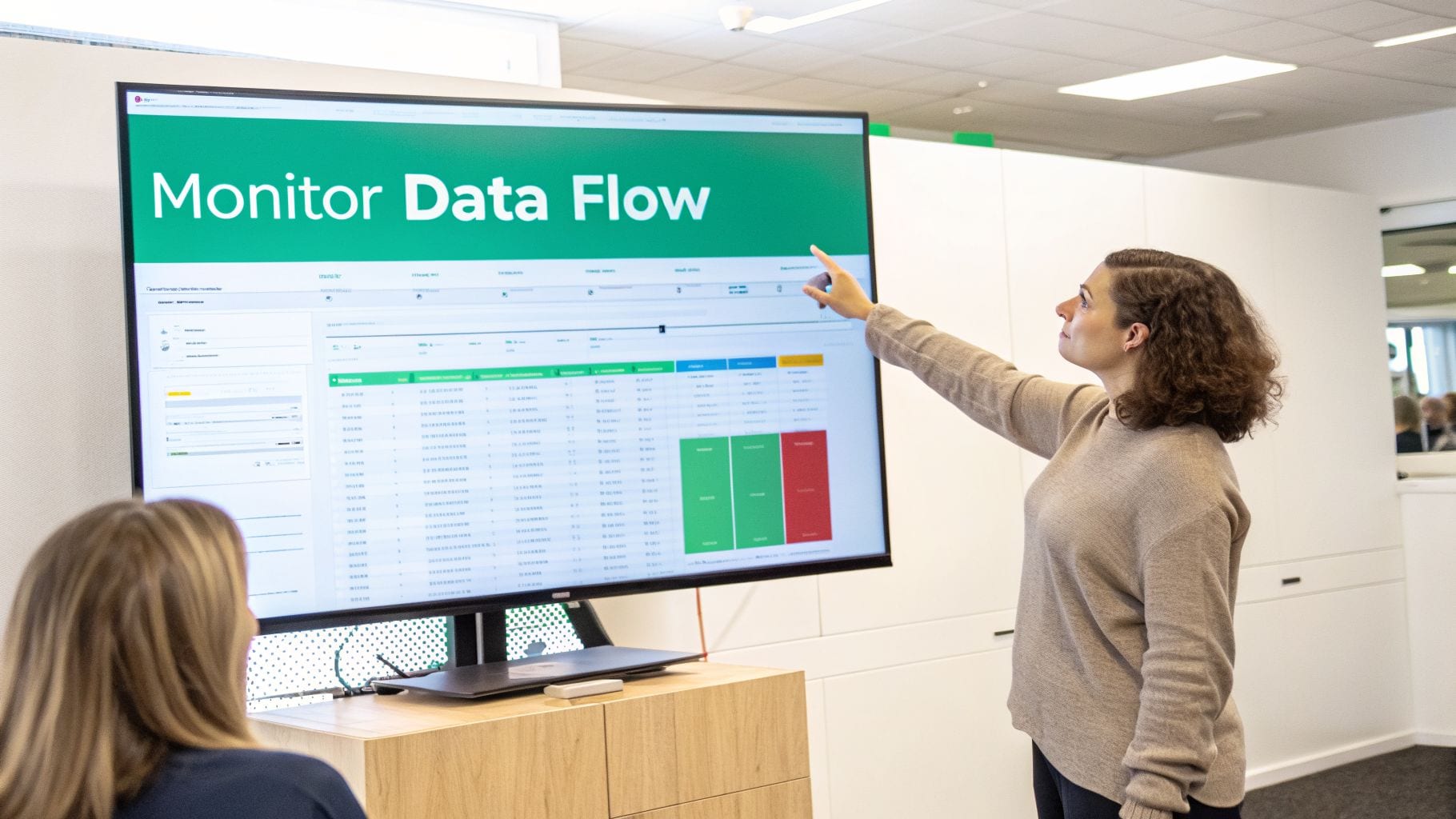 Two women in an office, one pointing at a large monitor displaying 'Monitor Data Flow' and analytics.