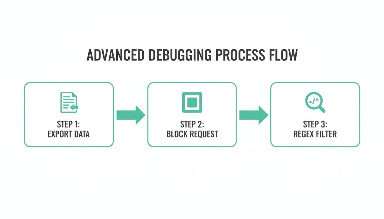 A visual flow diagram illustrating an advanced debugging process with steps for data export, request blocking, and regex filtering.