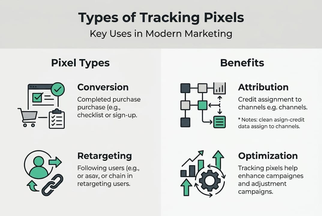 Infographic showing tracking pixel types and benefits
