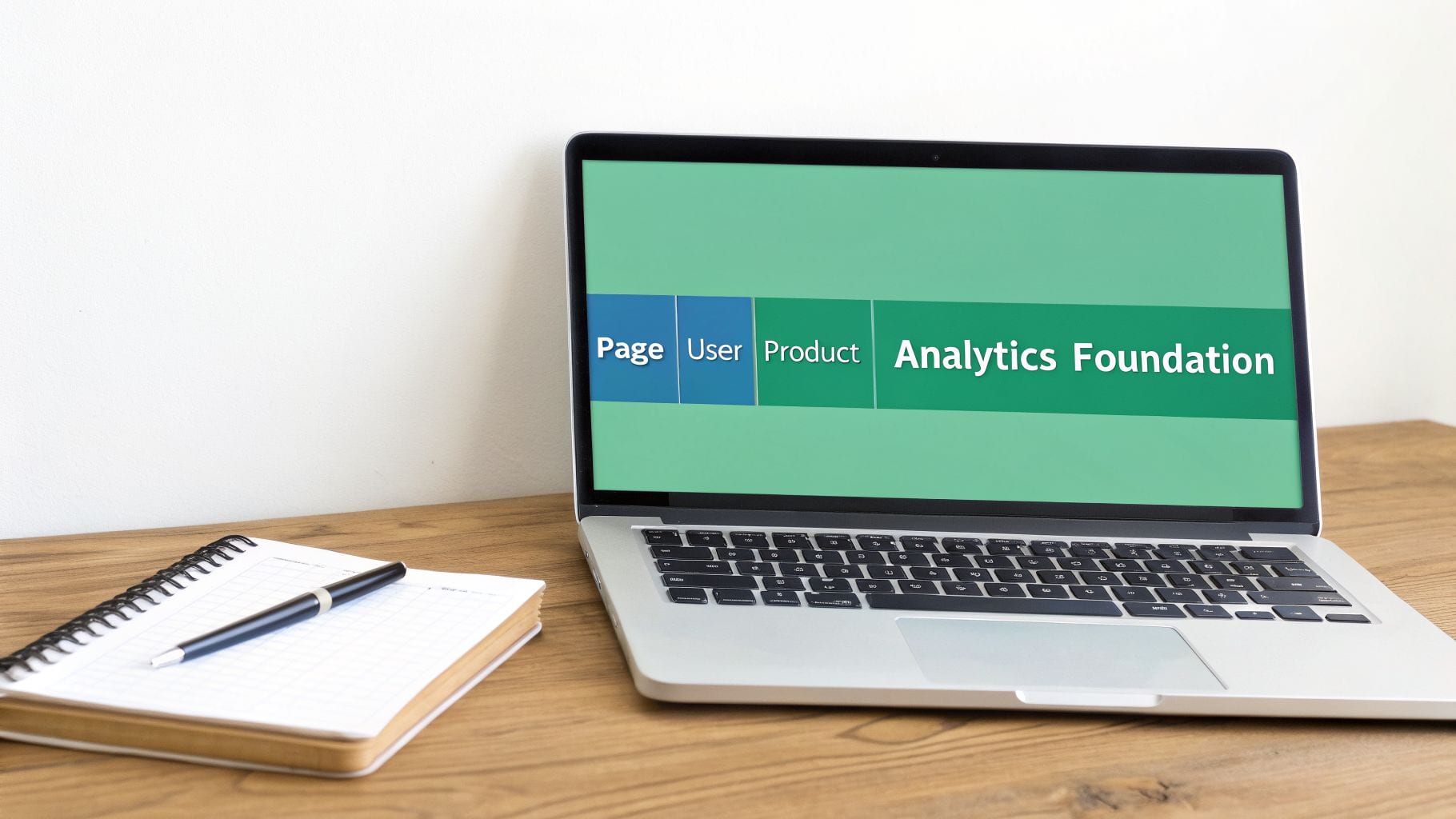 A laptop on a wooden desk displays 'Page User Product Analytics Foundation' on its screen, with a notebook and pen nearby.