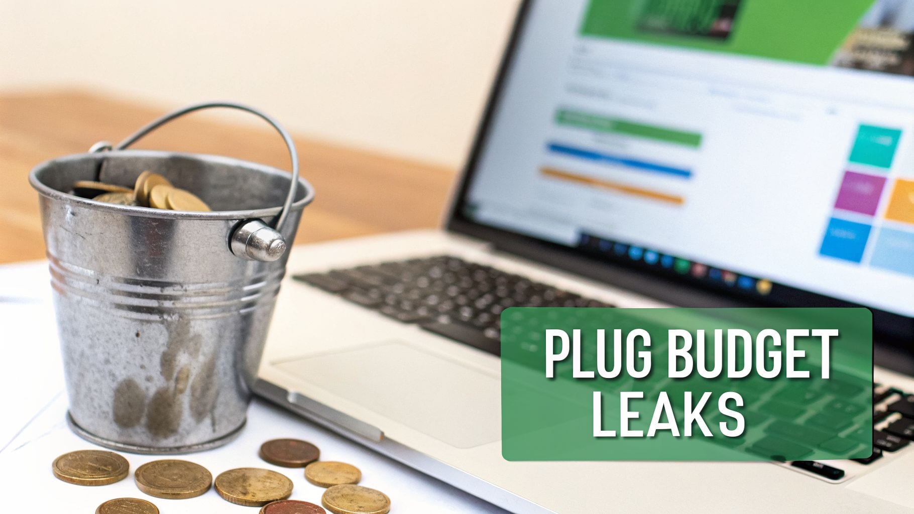 A bucket of coins beside a laptop with a 'PLUG BUDGET LEAKS' overlay, symbolizing financial management.