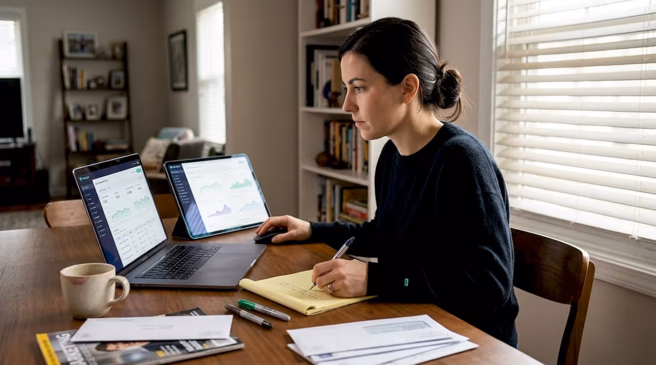 Person reviewing campaign results on two devices