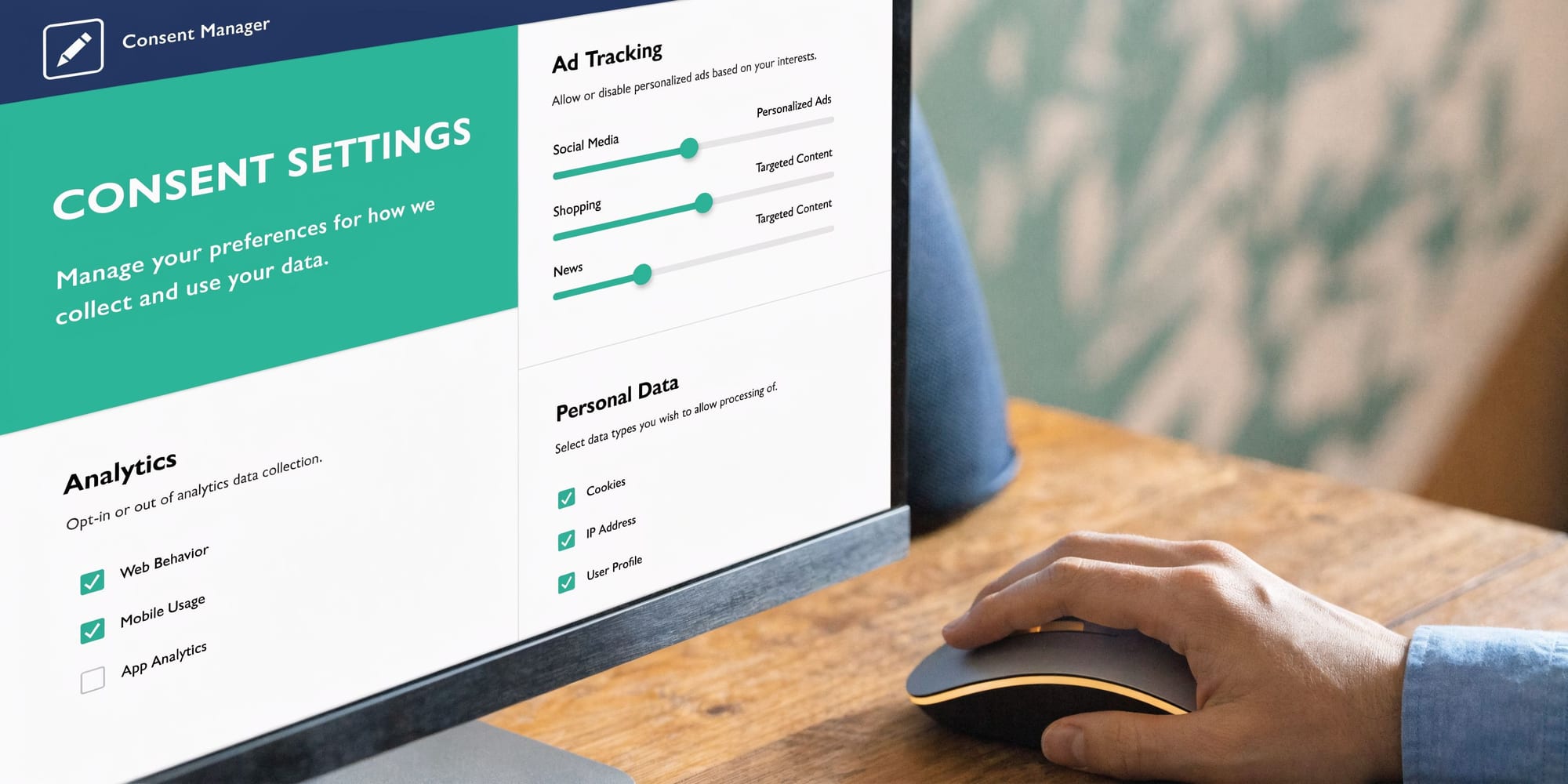 A close-up of a person using a mouse to interact with a consent management interface on screen.