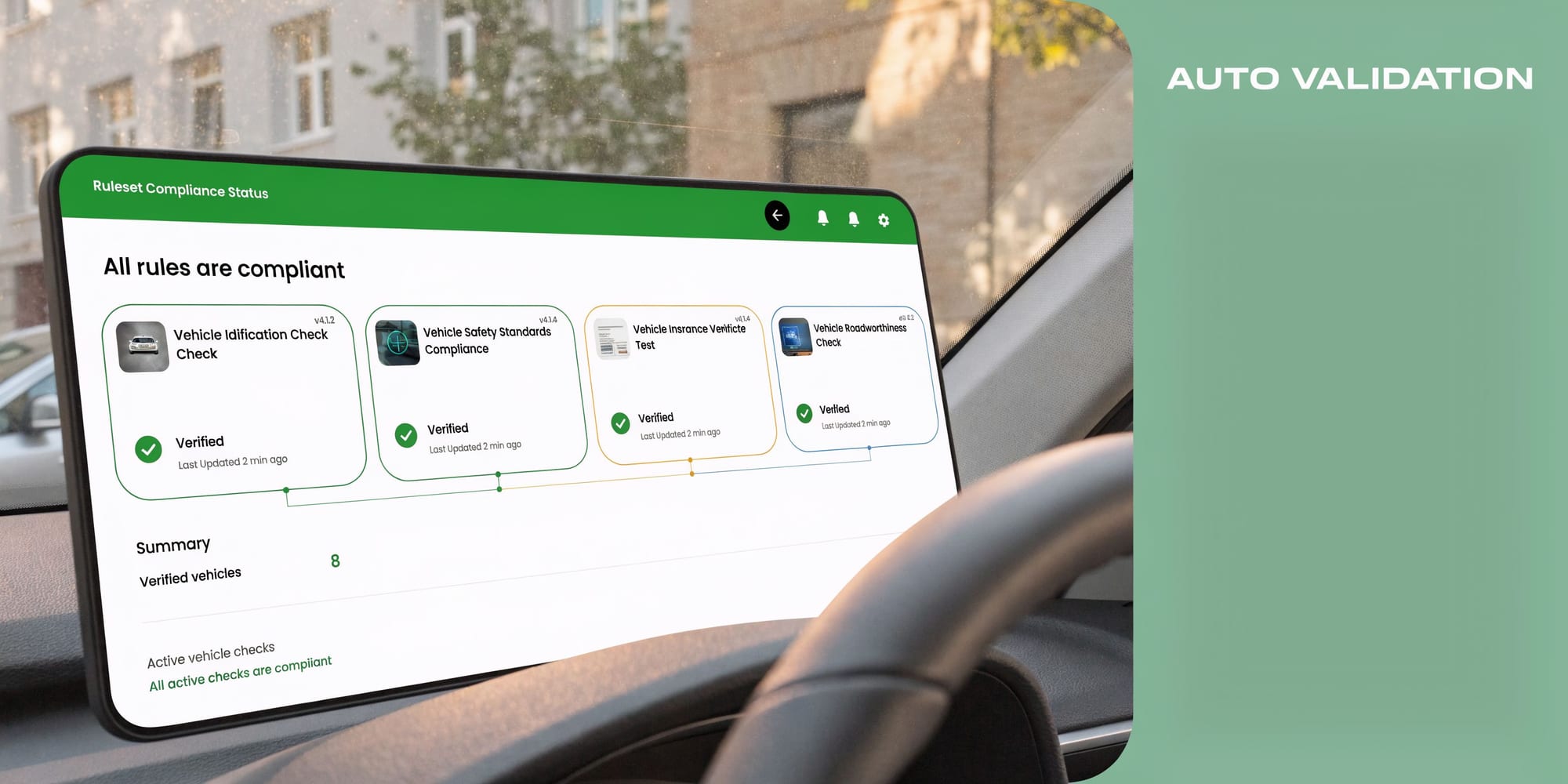 A car dashboard screen showing a digital auto validation interface with four compliant vehicle check statuses.