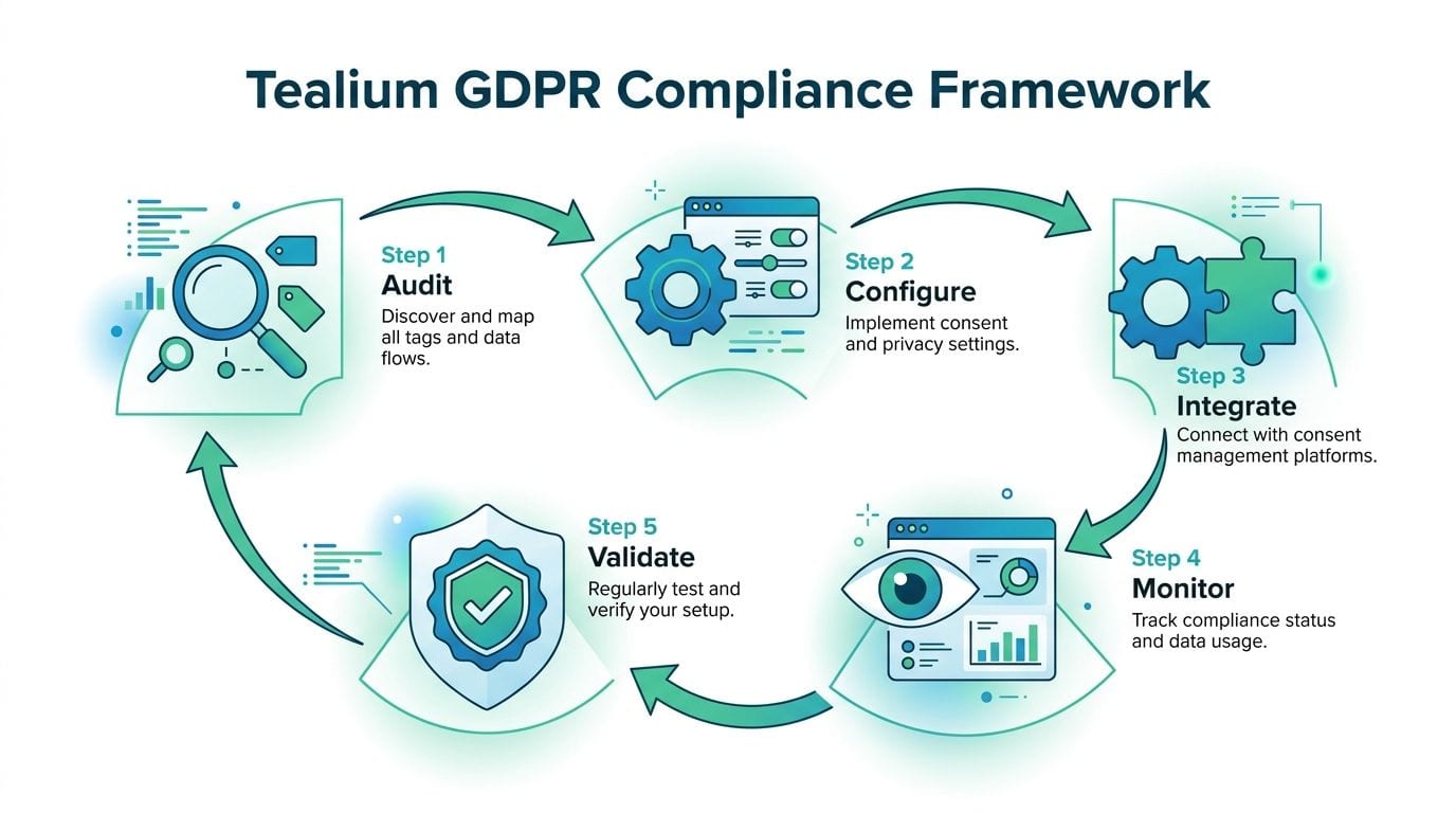 A diagram illustrating the Tealium five-step GDPR compliance framework for data management and privacy regulations.