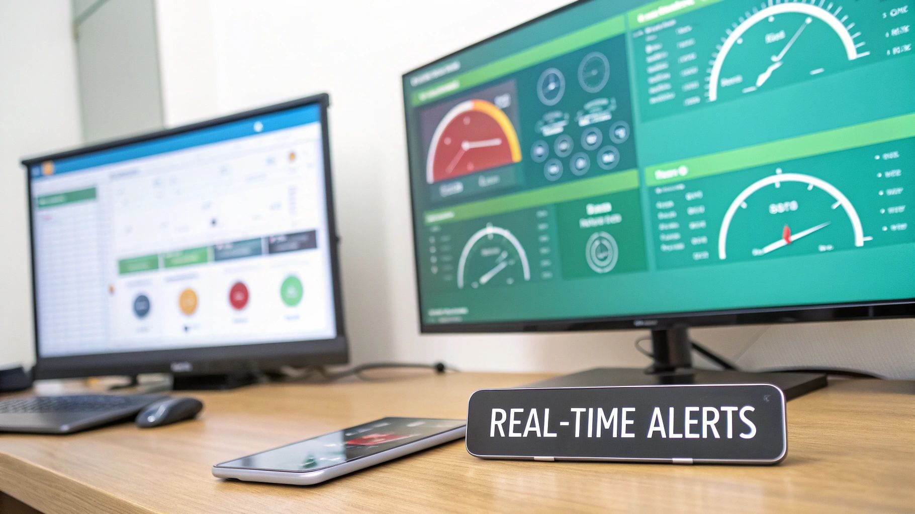 Two computer monitors display real-time data dashboards, with a laptop, mouse, and smartphone on a desk.