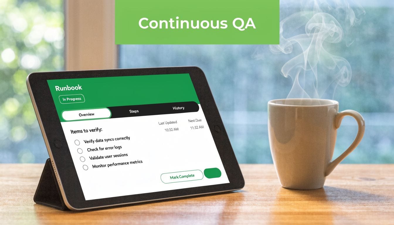 A digital tablet displaying a QA runbook checklist next to a steaming cup of coffee.
