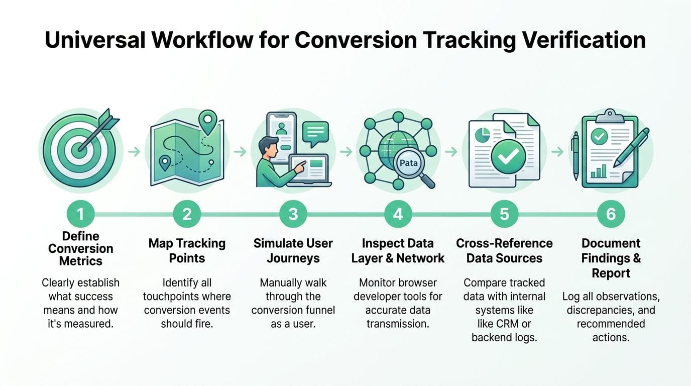 A six-step infographic illustrating a universal workflow for verifying conversion tracking processes in digital marketing.