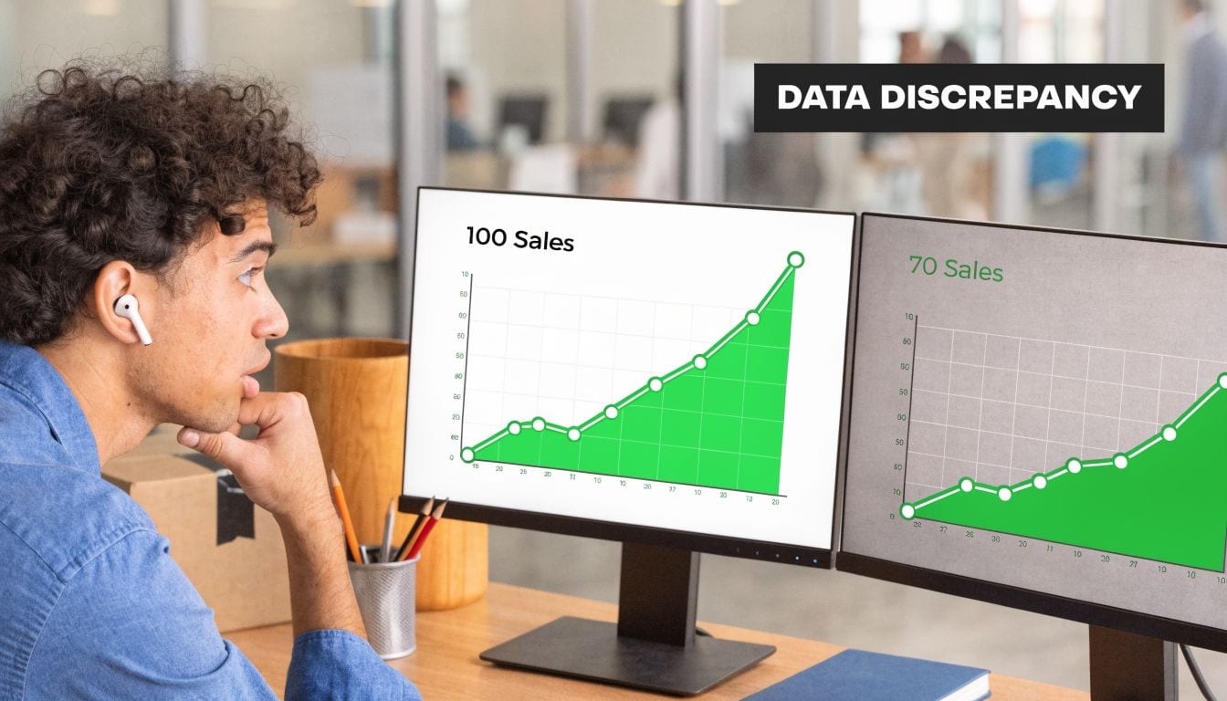 A man looking at two computer monitors displaying different data charts, illustrating a data discrepancy in sales.