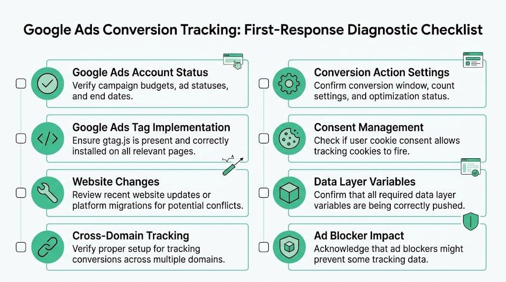 A diagnostic checklist for troubleshooting Google Ads conversion tracking issues covering eight critical technical configuration points.