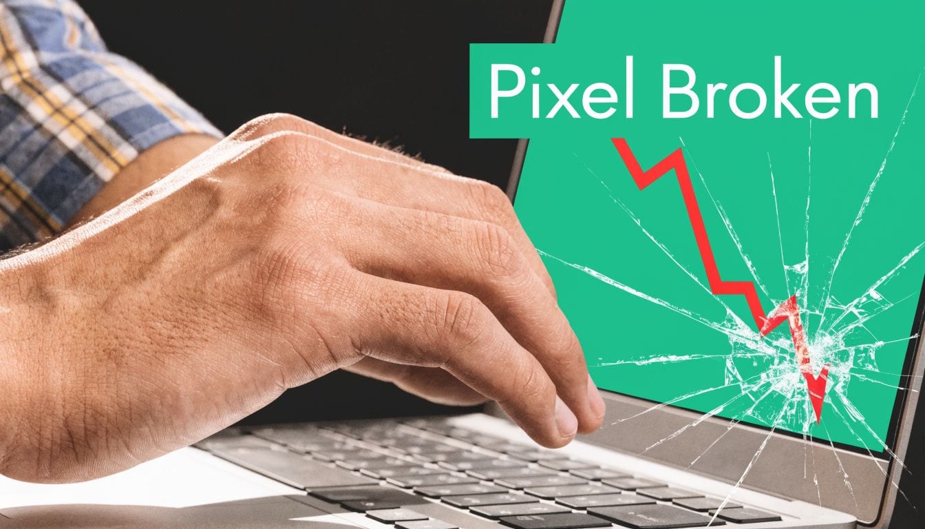 A close-up view of a hand typing on a laptop with a cracked screen overlay showing a downward graph.