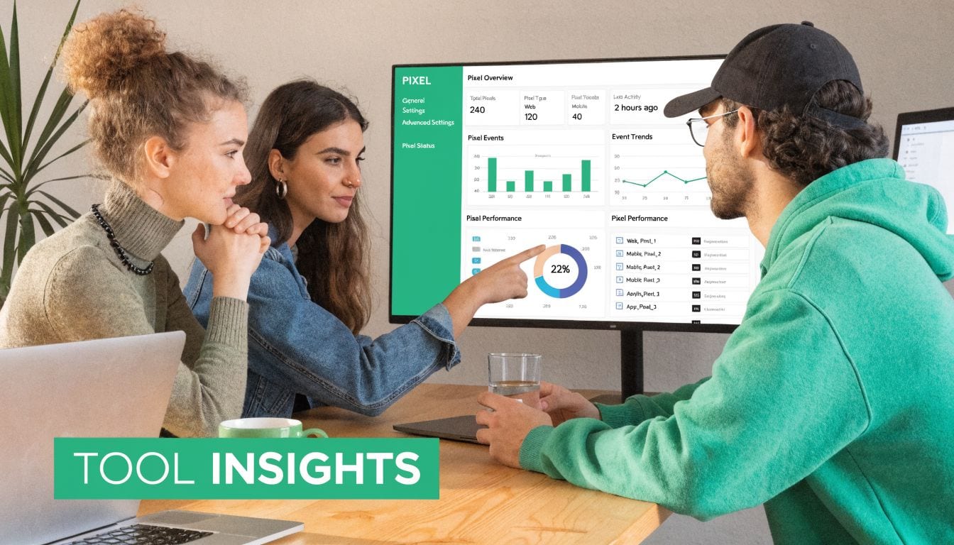 A team of three professionals reviewing pixel performance analytics on a computer monitor in a modern office.