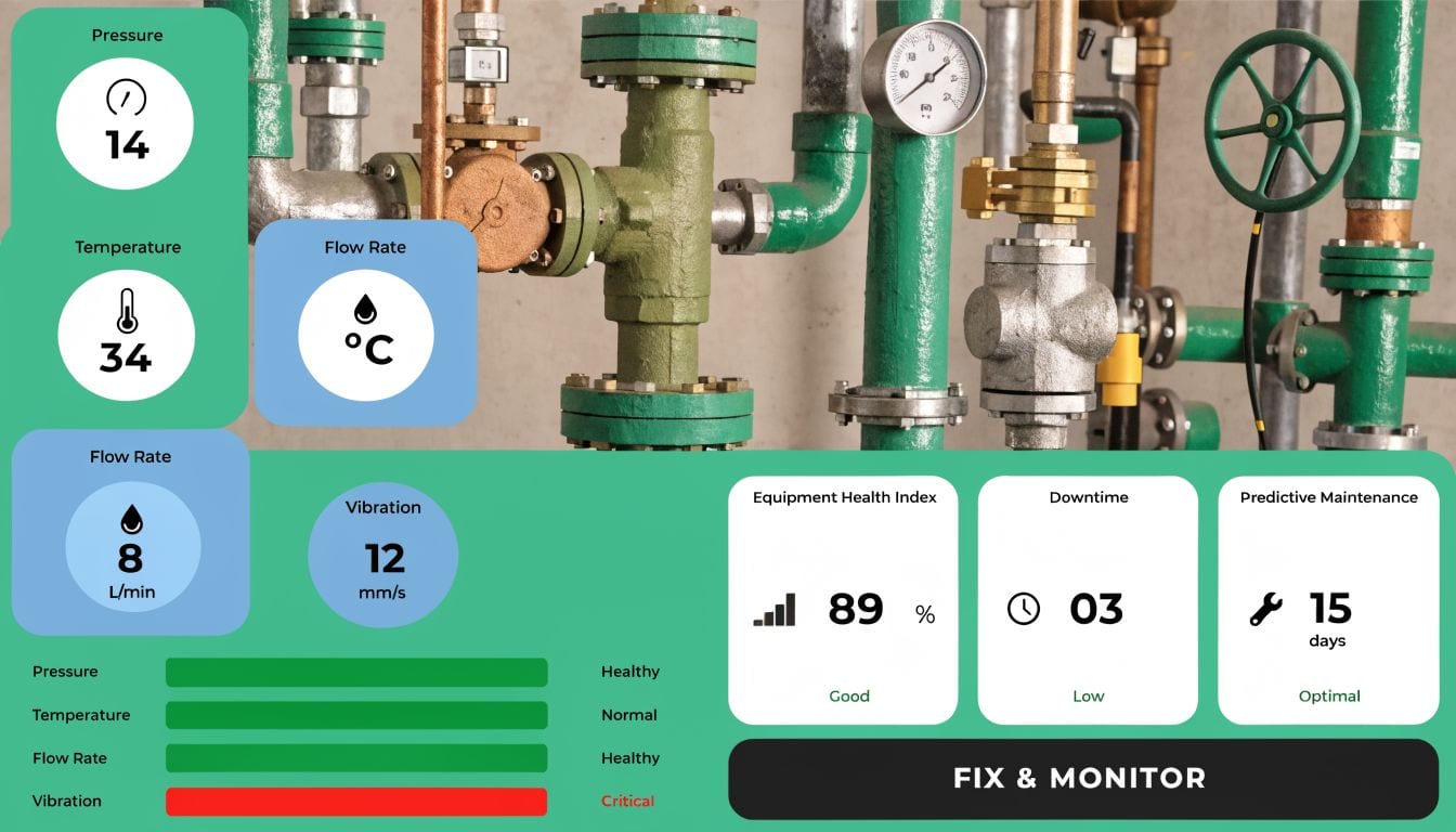 A digital industrial dashboard displaying real-time sensor metrics like pressure, temperature, flow rate, and vibration data.