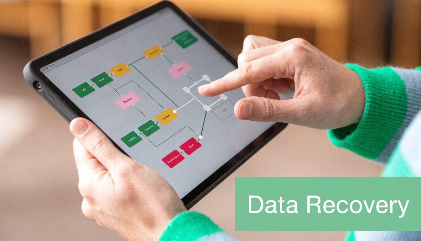 A person using a digital tablet to review a flowchart about data recovery and analytics.