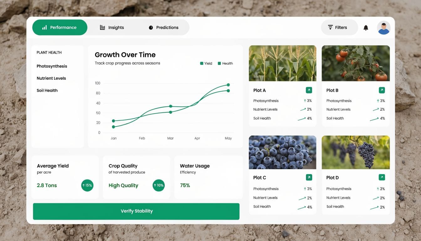 A digital dashboard displaying crop growth metrics, yield statistics, and individual plant plot health monitoring data.