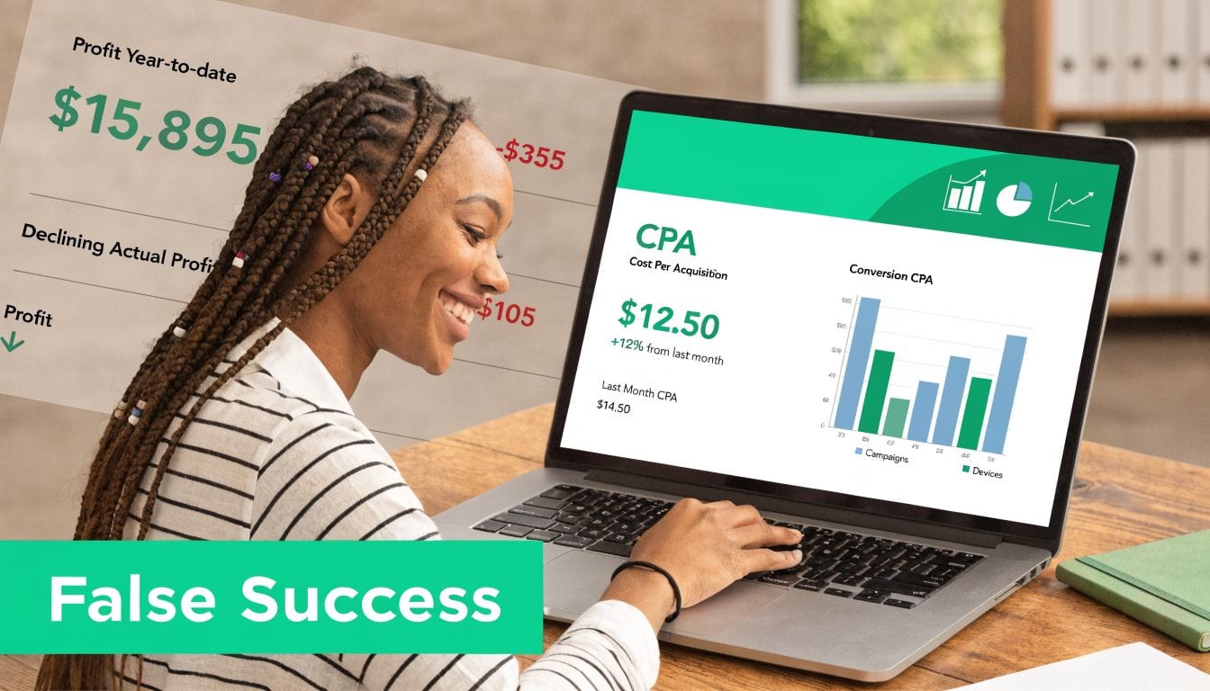 A woman reviewing marketing CPA data on a laptop screen with overlays highlighting business profit concerns.