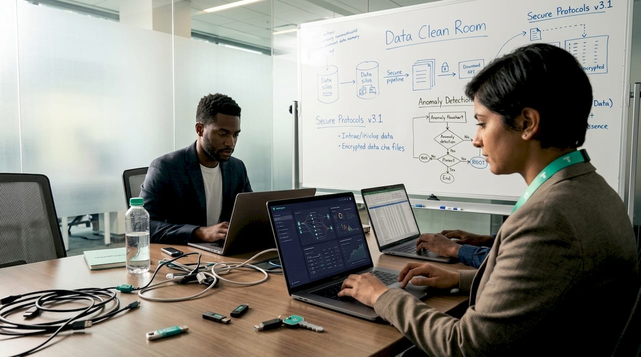 Tech workers collaborating in clean room session