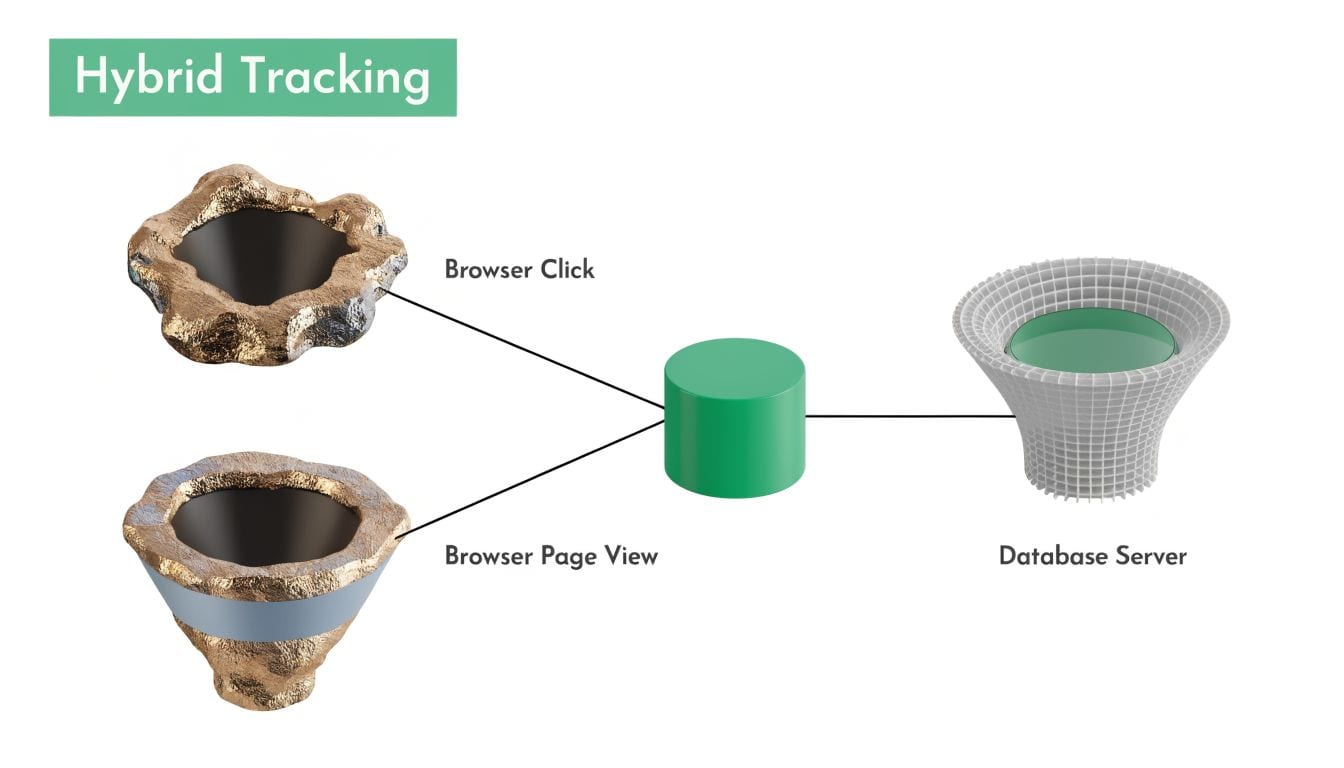 A diagram illustrating hybrid tracking by connecting browser click and page view events to a database server.