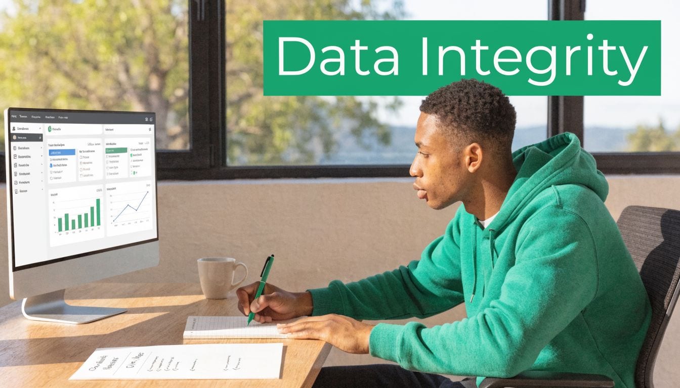A young man sitting at a desk wearing a green hoodie, taking notes while viewing a computer screen.