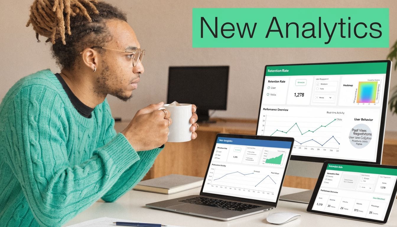 A professional analyzing data and analytics dashboards on a computer screen while holding a mug.