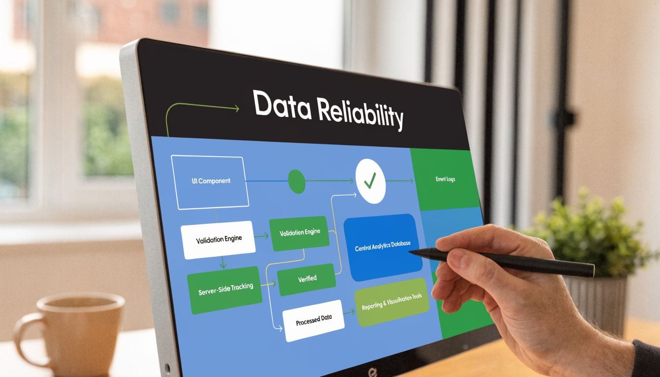 A digital display showing a workflow diagram for data reliability, managed by a person using a stylus.