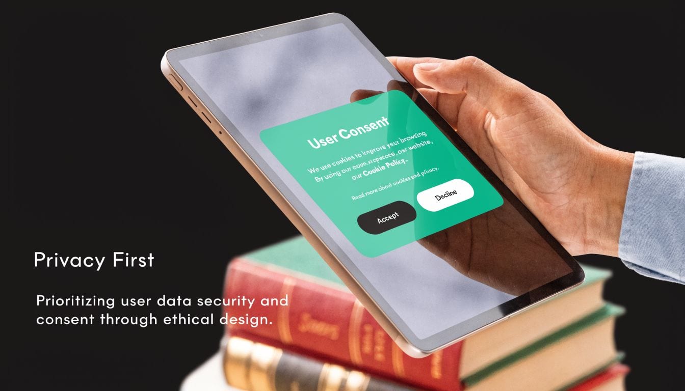 A hand holding a tablet displaying a user consent cookie banner focusing on privacy and data protection.