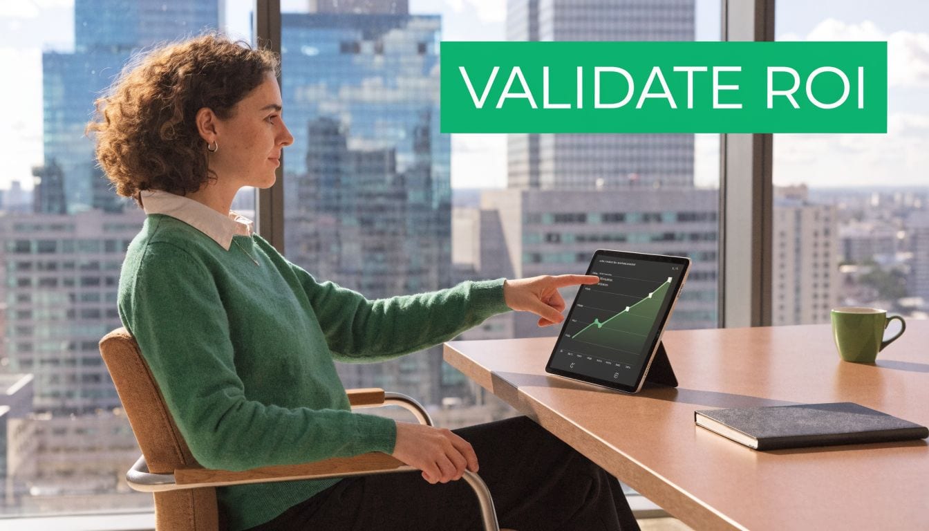 A businesswoman in an office pointing at a tablet screen displaying positive financial growth metrics.