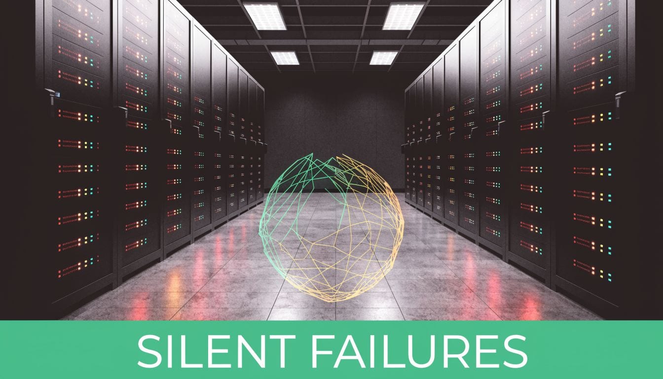 A server room with rows of racks and a glowing digital wireframe sphere in the center.