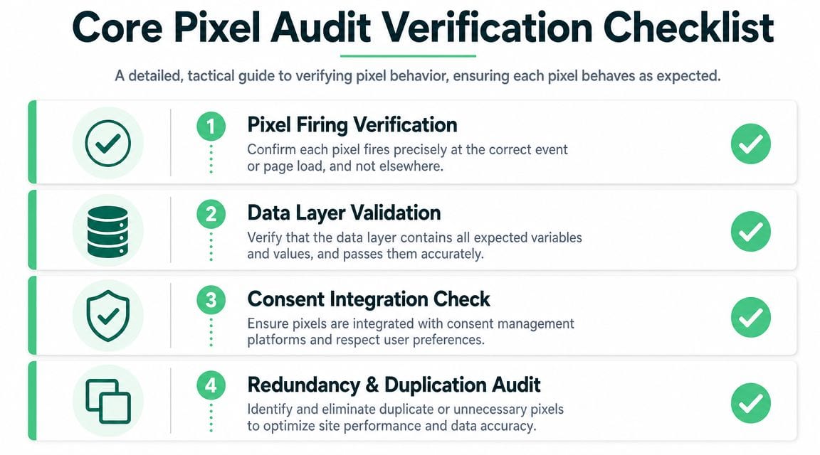 A checklist graphic titled Core Pixel Audit Verification Checklist outlining four essential steps for verifying website pixel behaviors.