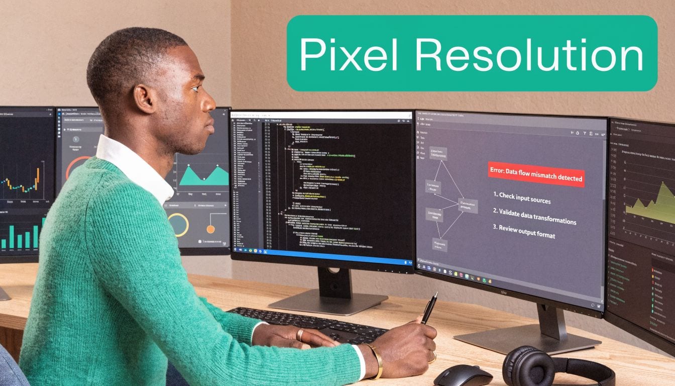A professional developer working at a multi-monitor workstation analyzing complex software data and error code