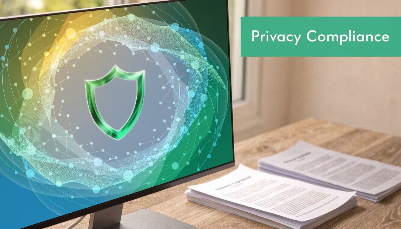 A computer monitor displaying a shield icon representing privacy compliance, with documents resting on a desk.