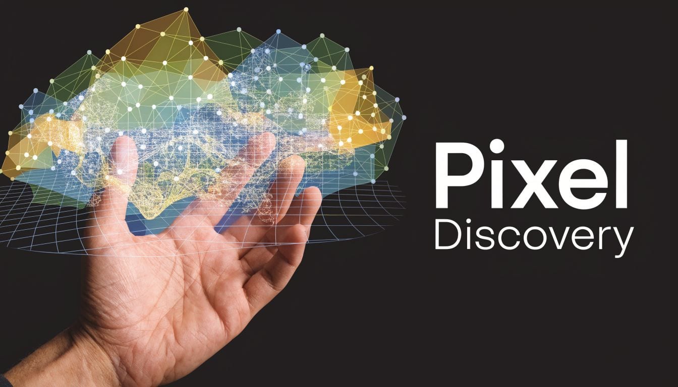 A hand holding a digital holographic mesh network visualization representing data discovery and modern technology solutions.
