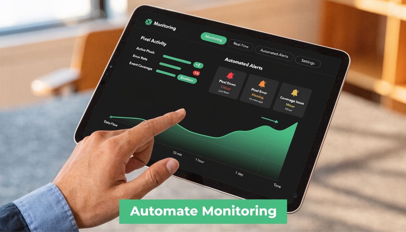 A person using a tablet to monitor marketing pixel performance data on a dashboard interface.